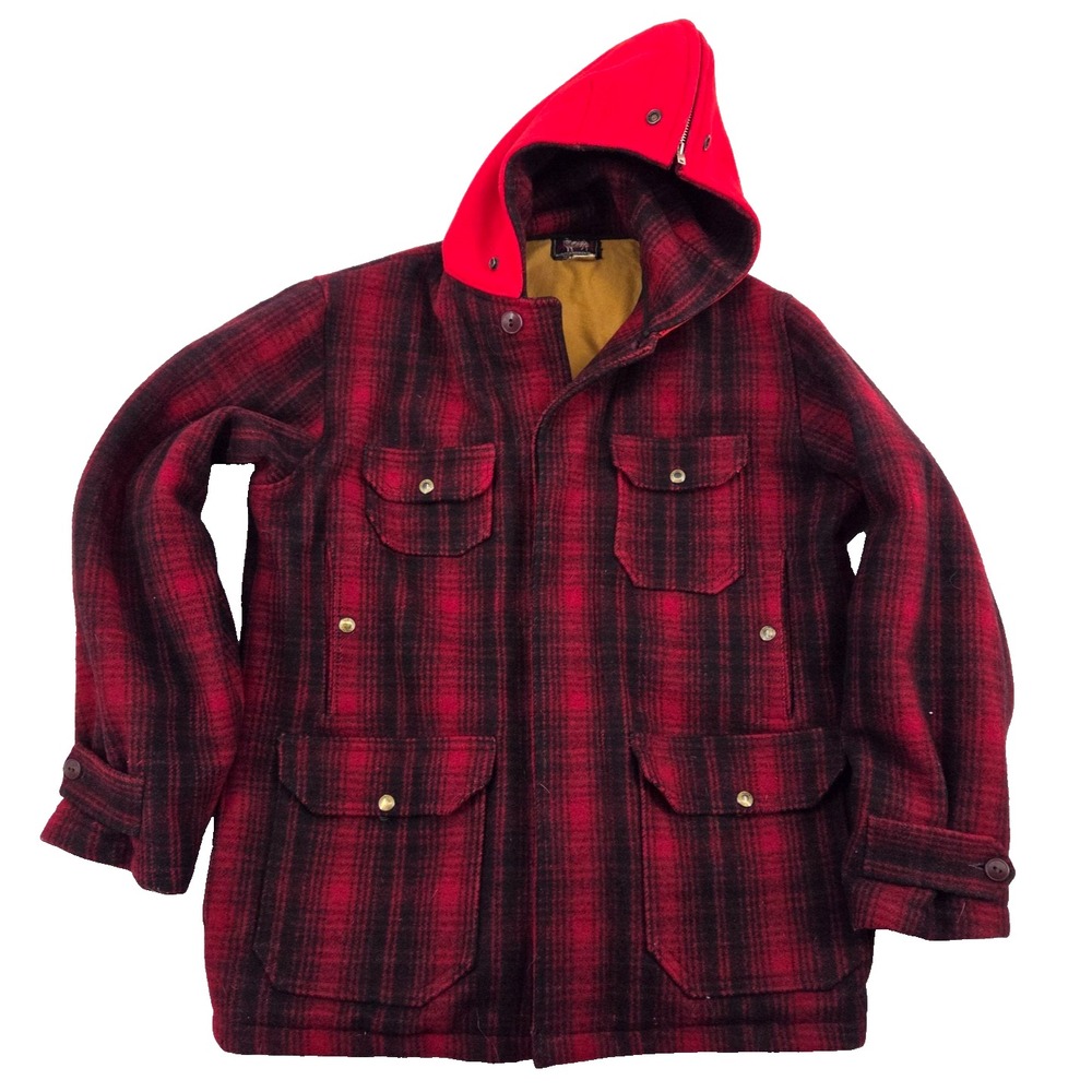 VTG Woolrich 501 Red Buffalo Plaid Wool Hunting Coat Split Hood Mens 42
